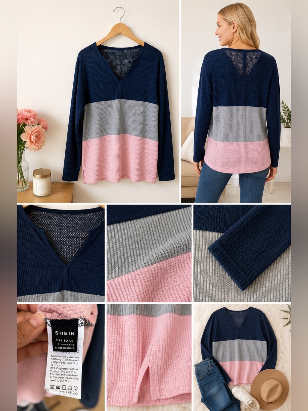 Navy Gray & Pink Colorblock Waffle Knit Long Sleeve Top L